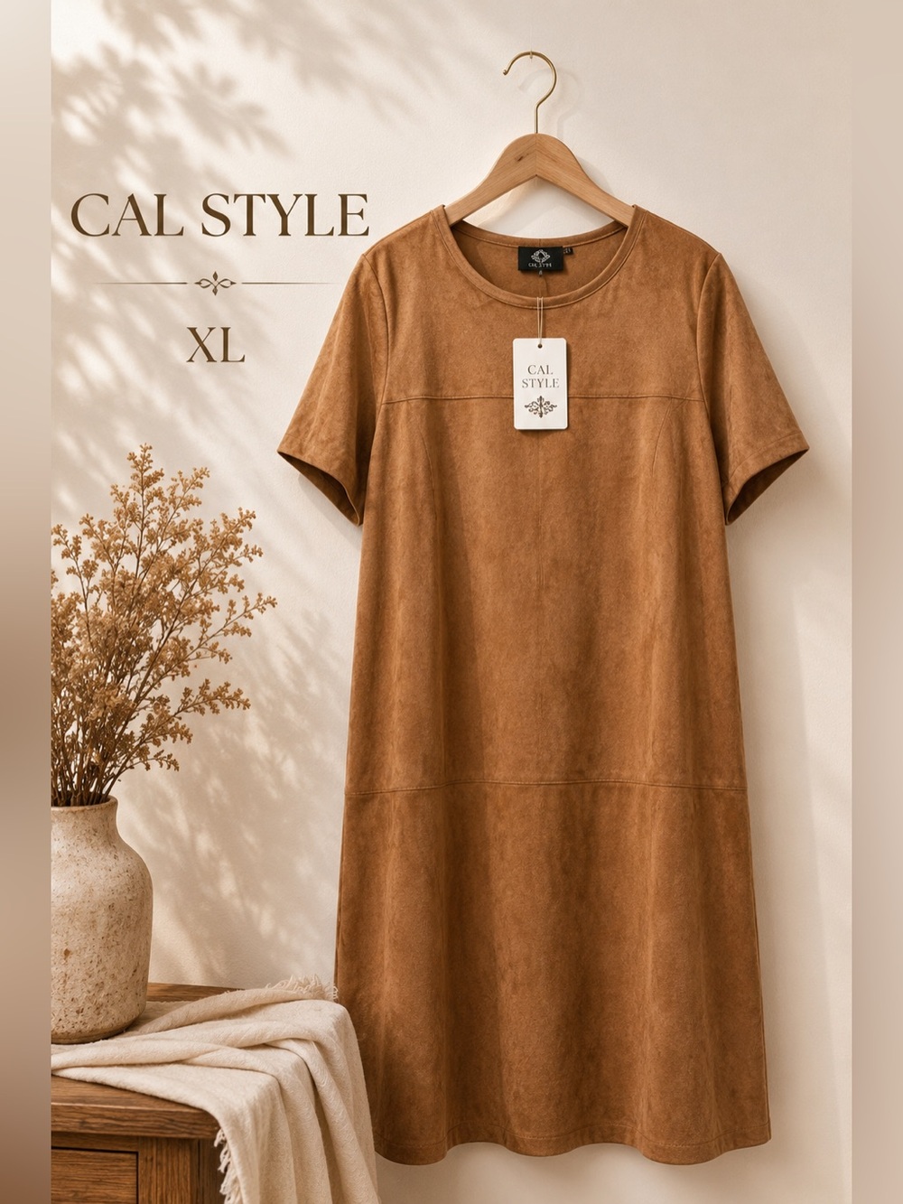 Cal Style Faux Suede Shift Dress Camel Brown XL NWT